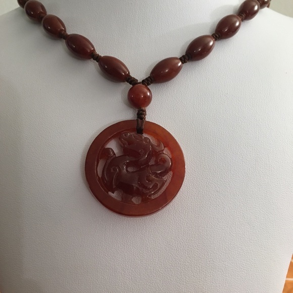 Carved Dragon Asian Natural Carnelian Necklace - Picture 4 of 12